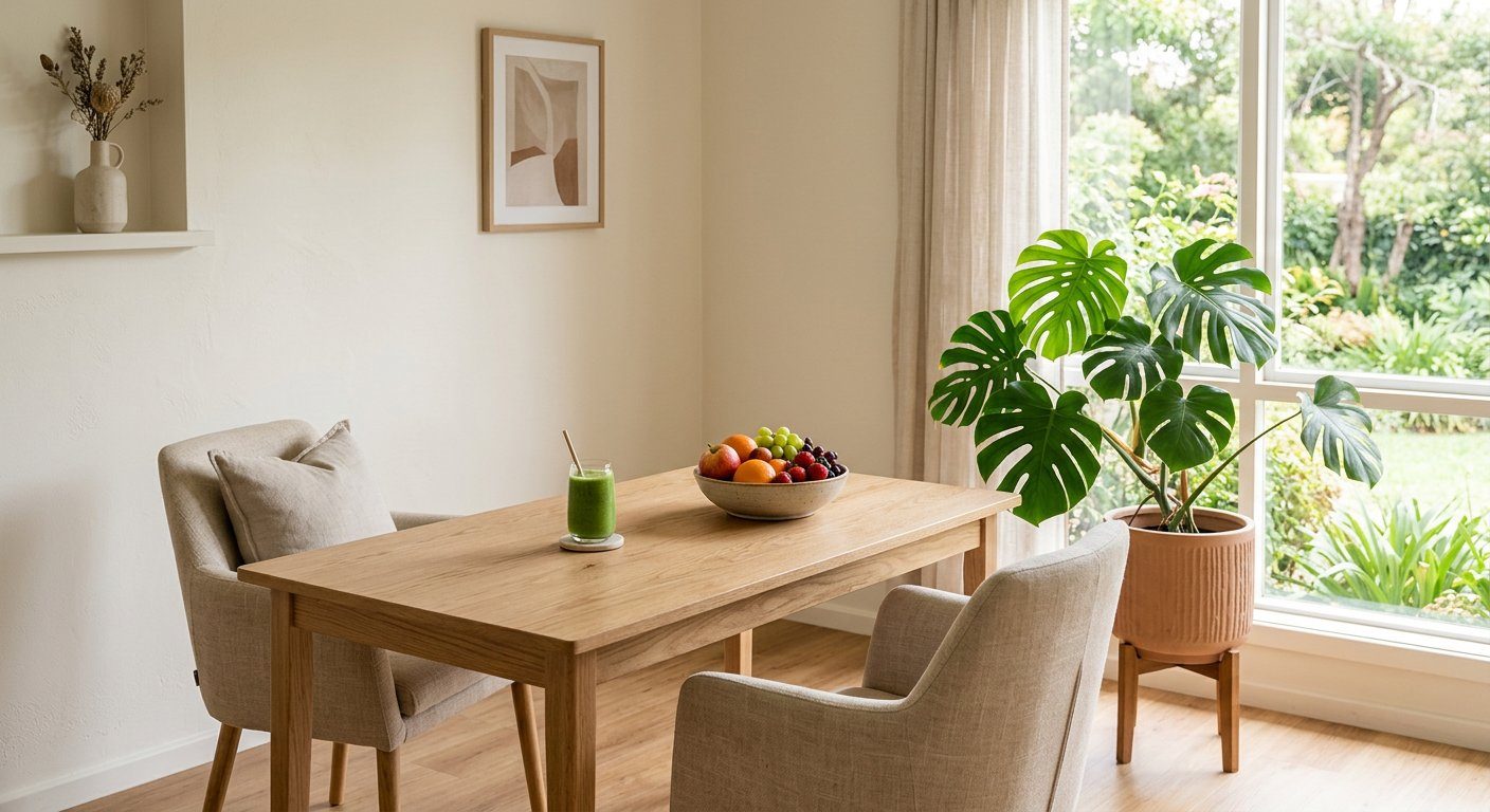 A calm wellness consultation room with a green smoothie on a wooden table and a leafy plant by the window