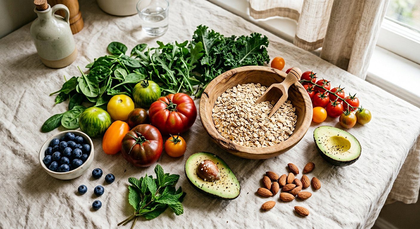 Fresh whole foods on a linen tablecloth, including tomatoes, leafy greens, avocado, blueberries, almonds and oats