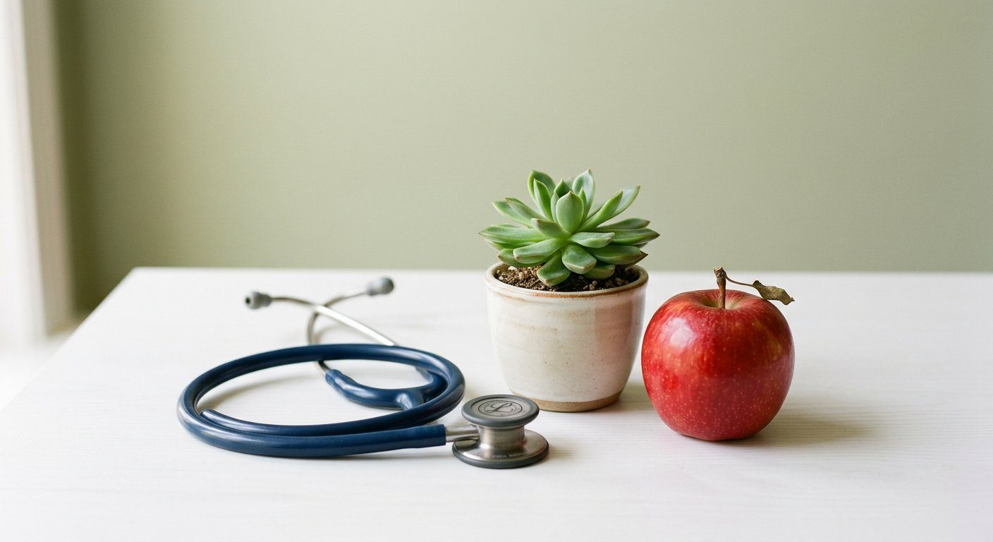 A stethoscope beside a small succulent and a red apple on a clean desk