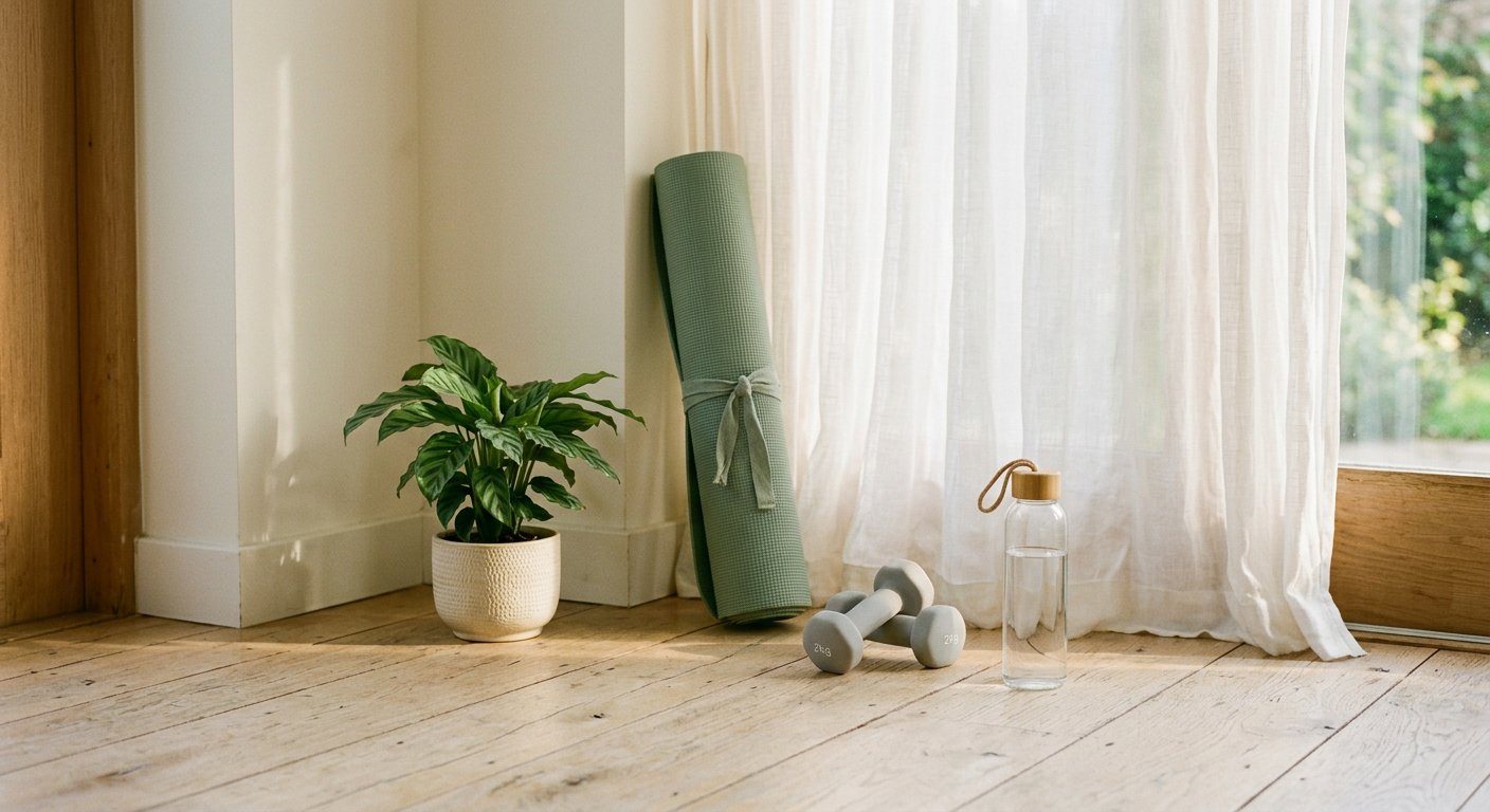 A rolled yoga mat, light dumbbells and a potted plant in a sunlit studio corner